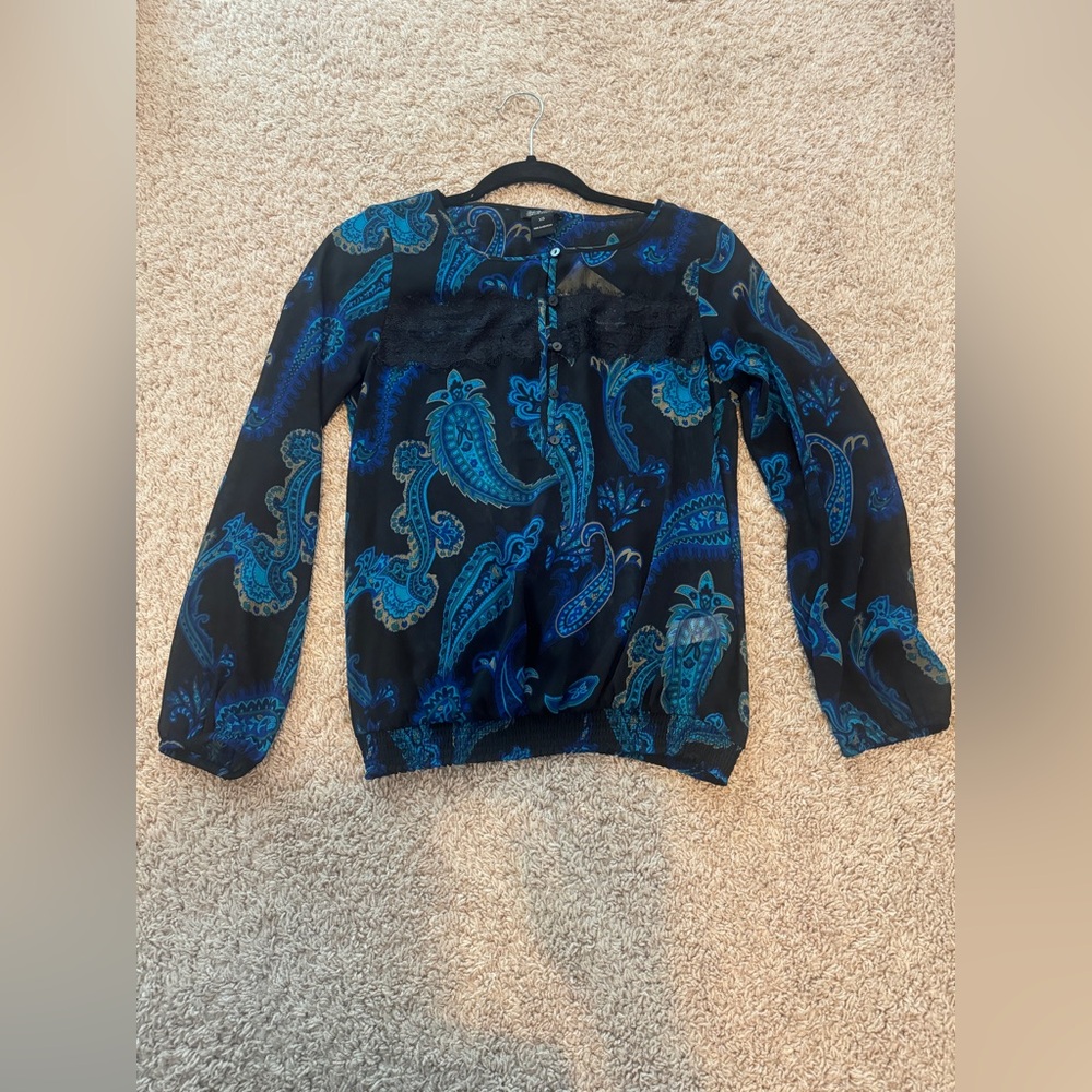 NWT Lucky Brand Live In Love Hobo Blue Paisley Sheer Polyester Peasant Blouse XS